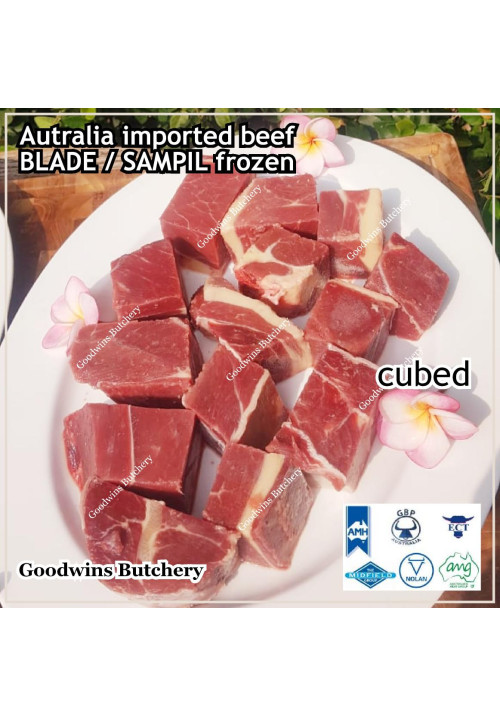Beef BLADE Australia frozen daging sapi sampil CUBED-DADU RENDANG / CURRY 4cm 1.5" (price/pack 600g 6-7pcs) any brand in stock; GBP, WMPG, RALPHS or AMH
